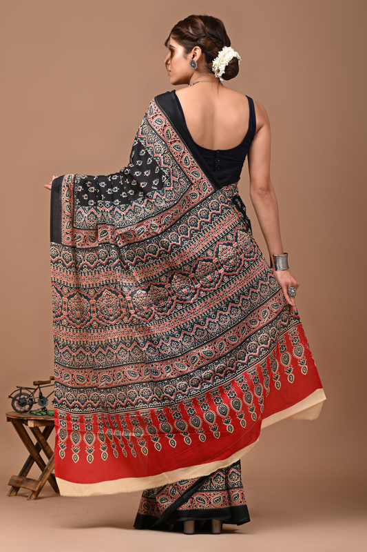 Black Hand Block Printed Cotton Mulmul Saree | Orange, Red & White Print | Soft Lightweight Ethnic Wear