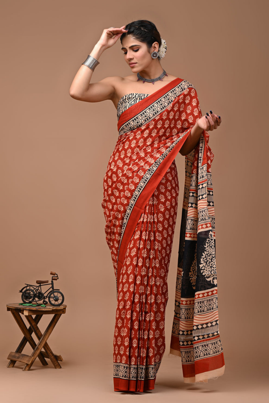 Artistic Print Cotton Mulmul Saree | Bronze Base with Red Border | Abstract Face Design | Soft Lightweight Ethnic Wear
