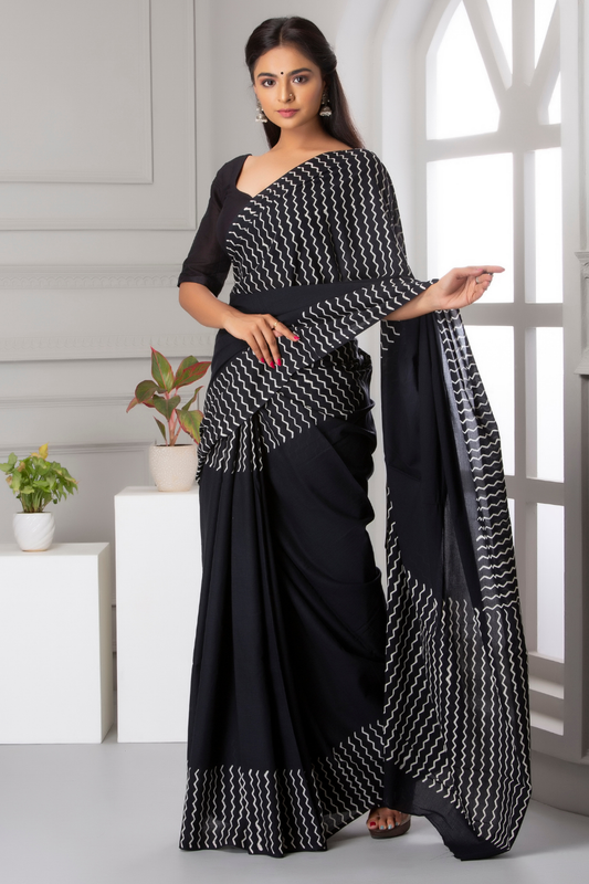 Black Hand Block Printed Cotton Mulmul Saree | White Zig-Zag Pattern | Soft Lightweight Ethnic Wear