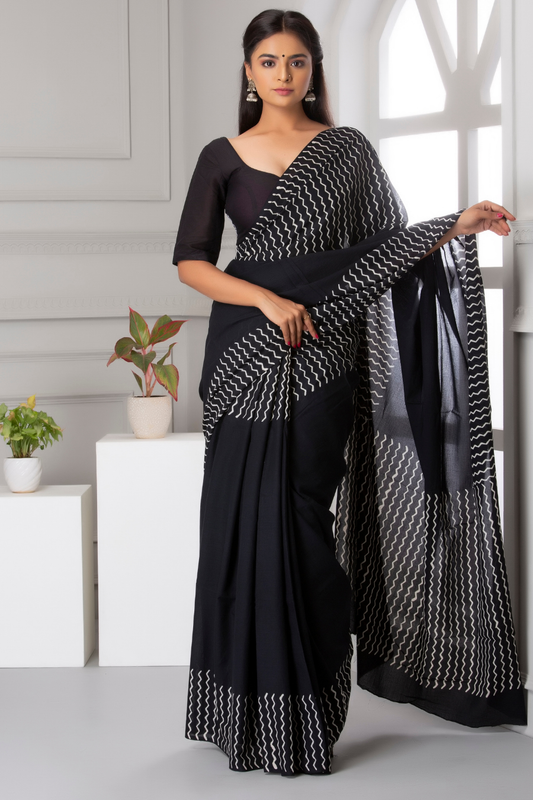 Black Hand Block Printed Cotton Mulmul Saree | White Zig-Zag Pattern | Soft Lightweight Ethnic Wear
