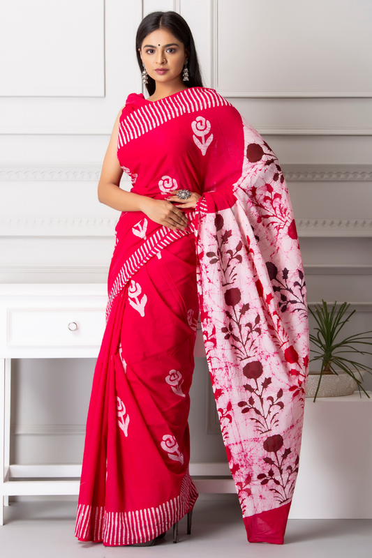 Rani Pink  Printed Cotton Mulmul Saree | White Floral Print | Soft Lightweight Ethnic Wear