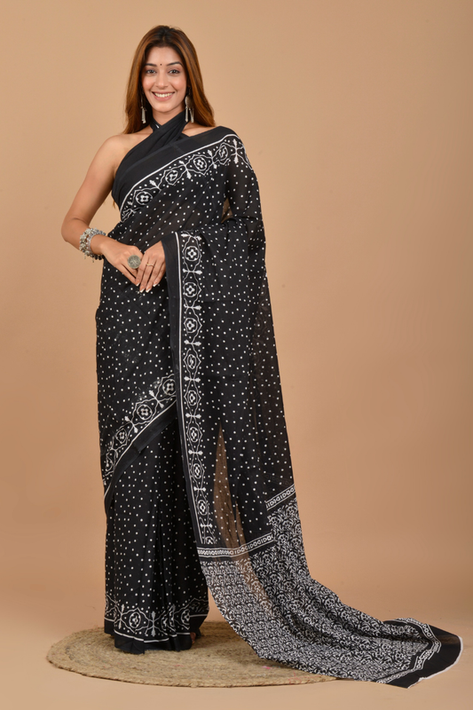 Black   Printed Cotton Mulmul Saree | White Dot & Artisan Print | Soft Lightweight Ethnic Wear