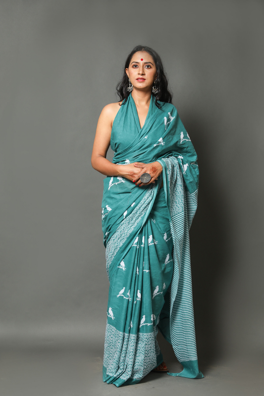 Sky Blue Cotton Mulmul Saree for Women | Hand Block Printed Saree | White Border & Bird Print | Lightweight Ethnic Daily Wear Saree