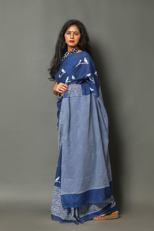 Blue Cotton Mulmul Saree for Women | Hand Block Printed Saree | White Zig-Zag Pallu & Bird Pair Print | Lightweight Ethnic Daily Wear Saree