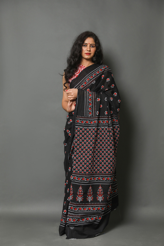 Black Hand Block Printed Cotton Mulmul Saree | Minimal Red & White Print | Soft Lightweight Ethnic Wear