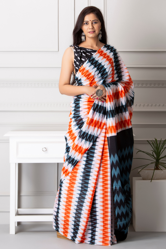 Multicolor Ikat Print Cotton Saree for Women | Black, White, Orange & Blue