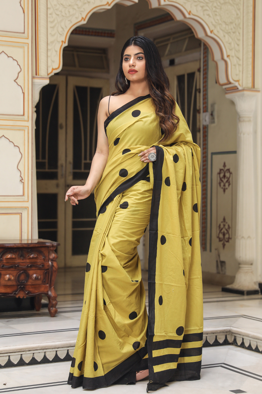 Mustard Yellow Cotton Mulmul Saree for Women | Polka Dot Print Saree | Black Border | Lightweight Ethnic Daily Wear Saree