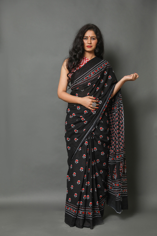 Black Hand Block Printed Cotton Mulmul Saree | Minimal Red & White Print | Soft Lightweight Ethnic Wear
