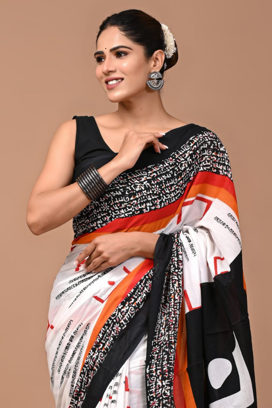 Black & White Cotton Mulmul Saree for Women | Abstract Printed Saree | Orange Border Statement Pallu | Lightweight Designer Ethnic Saree
