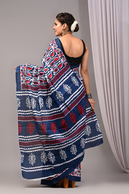 Blue Cotton Mulmul Saree for Women | Hand Block Printed Saree | Red & White Ethnic Print |   Designer Pallu | Lightweight Daily Wear Saree
