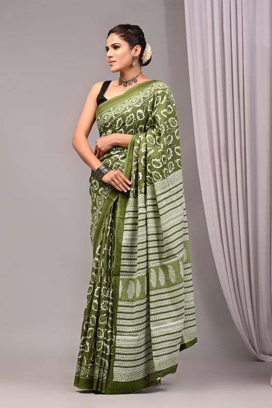 Olive Green Cotton Mulmul Saree for Women | Hand Block Printed Saree | White Abstract Pattern | Designer Lining Pallu | Lightweight Ethnic Saree