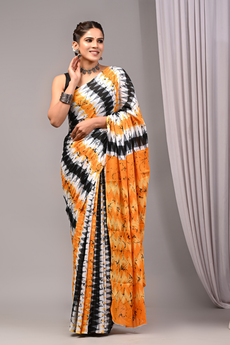 Orange Cotton Mulmul Saree for Women | Hand Block Printed Saree | Geometric Zig-Zag Pattern | Lightweight Ethnic Daily Wear Saree