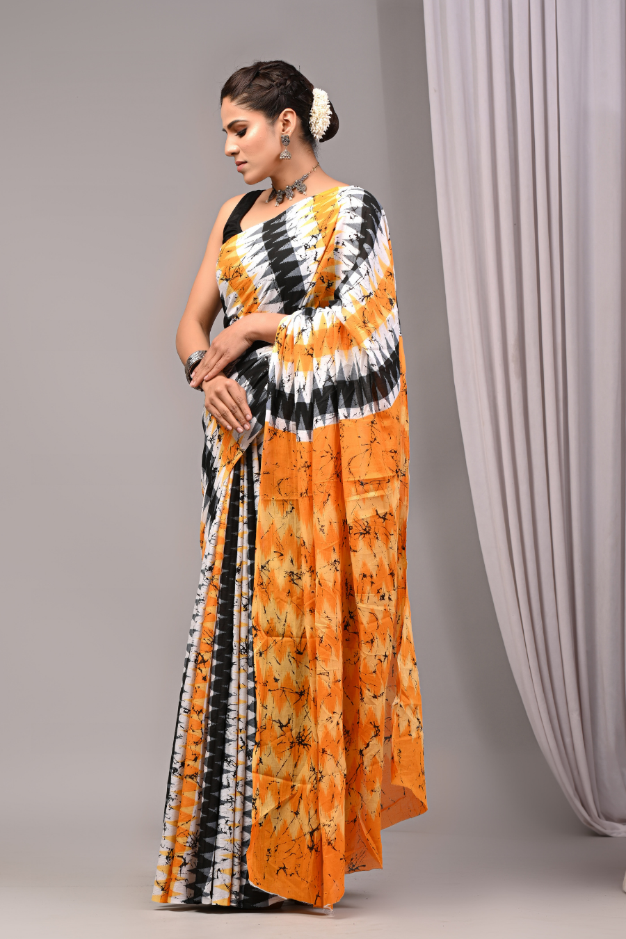 Orange Cotton Mulmul Saree for Women | Hand Block Printed Saree | Geometric Zig-Zag Pattern | Lightweight Ethnic Daily Wear Saree