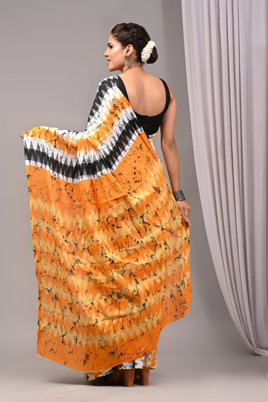 Orange Cotton Mulmul Saree for Women | Hand Block Printed Saree | Geometric Zig-Zag Pattern | Lightweight Ethnic Daily Wear Saree