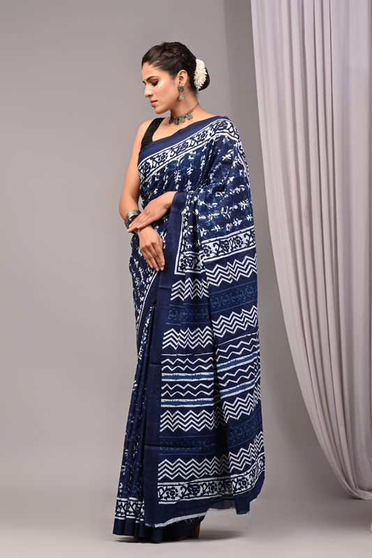 Blue Cotton Mulmul Saree for Women | Hand Block Printed Saree | Artisan Motifs & Geometric Pallu | Lightweight Ethnic Daily Wear Saree