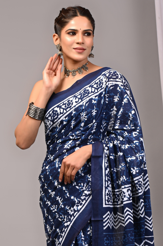 Blue Cotton Mulmul Saree for Women | Hand Block Printed Saree | Artisan Motifs & Geometric Pallu | Lightweight Ethnic Daily Wear Saree