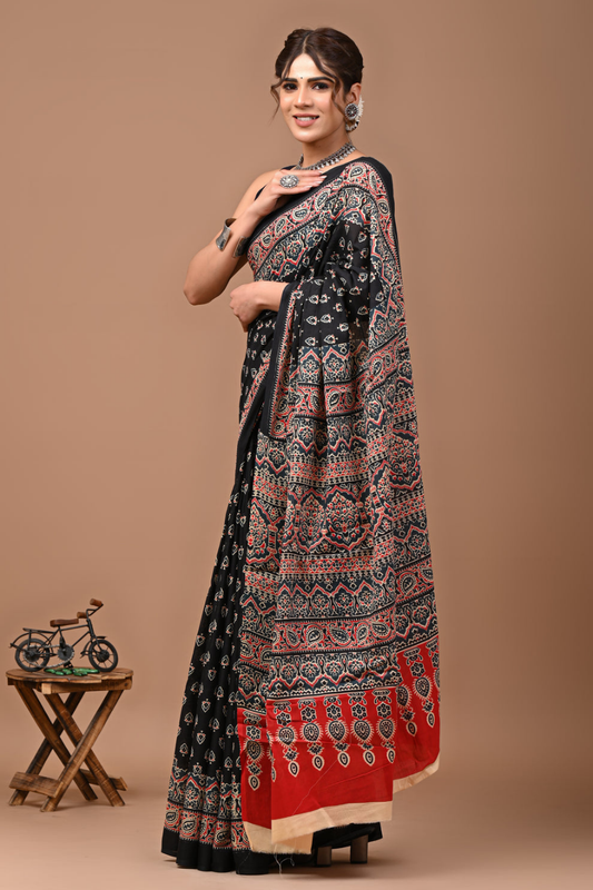 Black Hand Block Printed Cotton Mulmul Saree | Orange, Red & White Print | Soft Lightweight Ethnic Wear