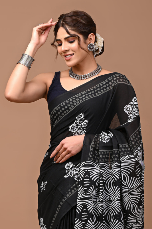 Black Hand Block Printed Cotton Mulmul Saree | White Floral Print | Soft Lightweight Ethnic Wear