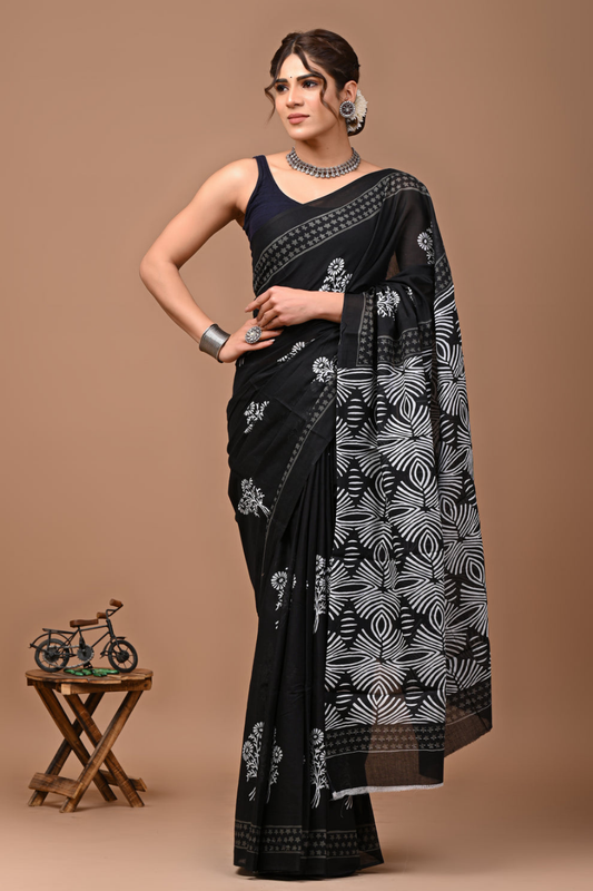 Black Hand Block Printed Cotton Mulmul Saree | White Floral Print | Soft Lightweight Ethnic Wear
