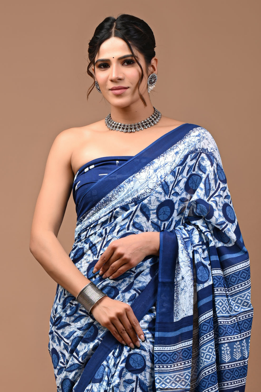 Blue Hand Block Printed Cotton Mulmul Saree | Blue, White & Black Print | Soft Lightweight Ethnic Wear
