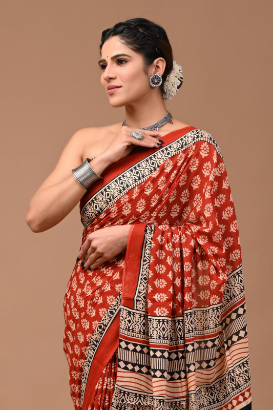 Artistic Print Cotton Mulmul Saree | Bronze Base with Red Border | Abstract Face Design | Soft Lightweight Ethnic Wear