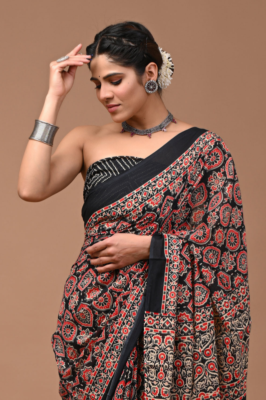 Black Ajrakh Hand Block Printed Cotton Mulmul Saree | Red & White Traditional Print | Soft Lightweight Ethnic Wear