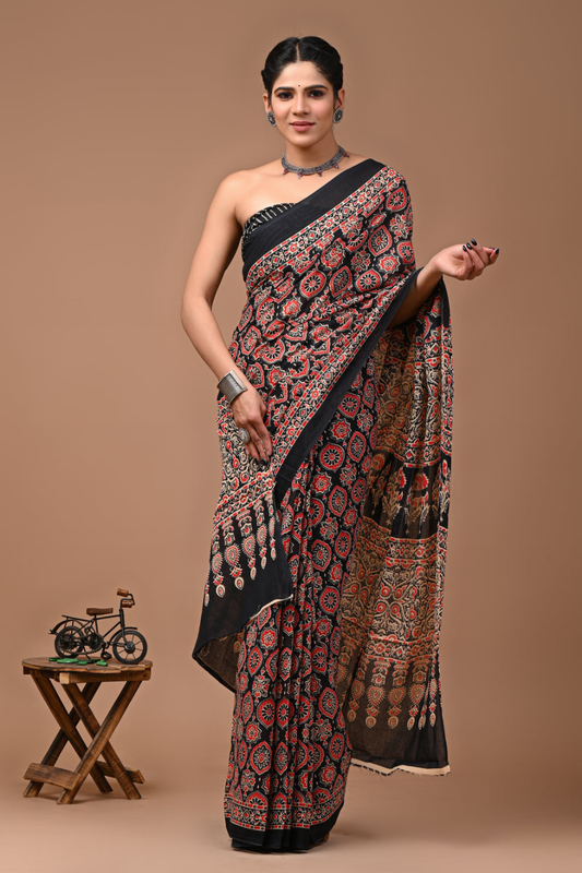 Black Ajrakh Hand Block Printed Cotton Mulmul Saree | Red & White Traditional Print | Soft Lightweight Ethnic Wear