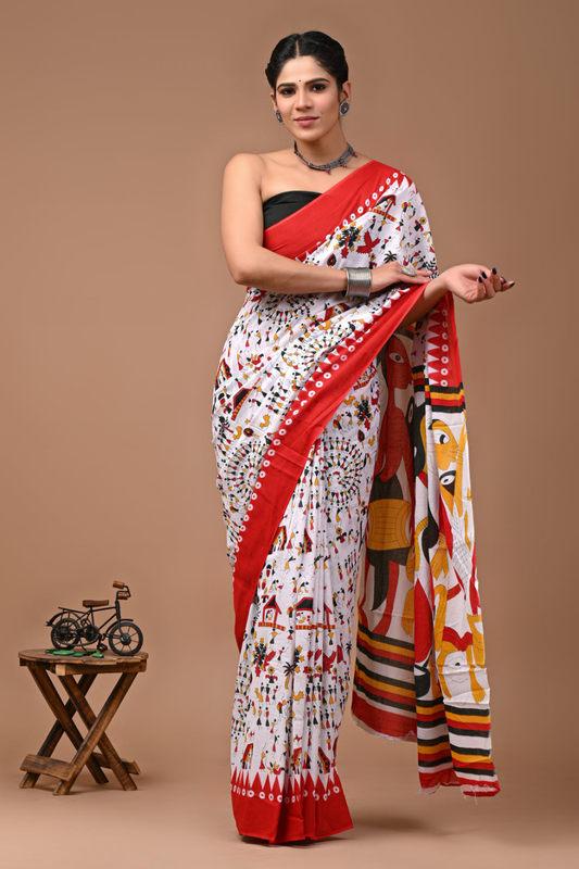 Abstract Art Printed Cotton Mulmul Saree | Multicolor Face Design | Soft Lightweight Ethnic Wear