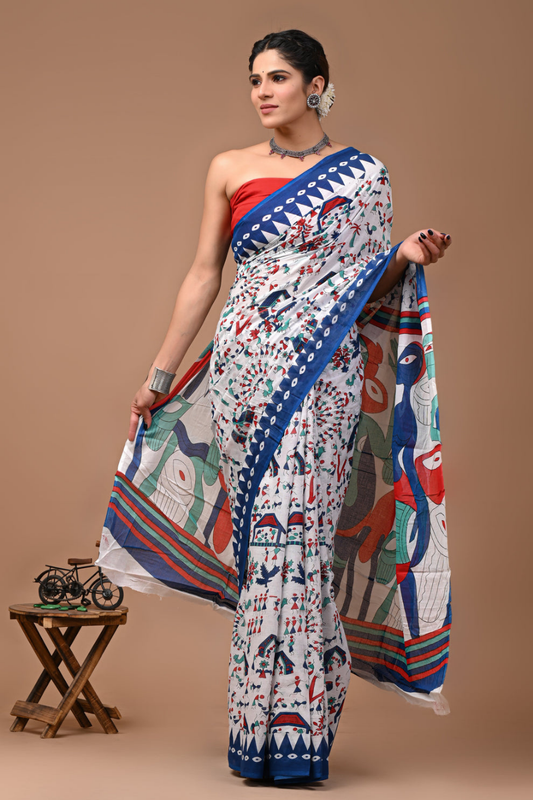 White Artistic Printed Cotton Mulmul Saree | Blue Border Multicolor Design | Soft Lightweight Ethnic Wear