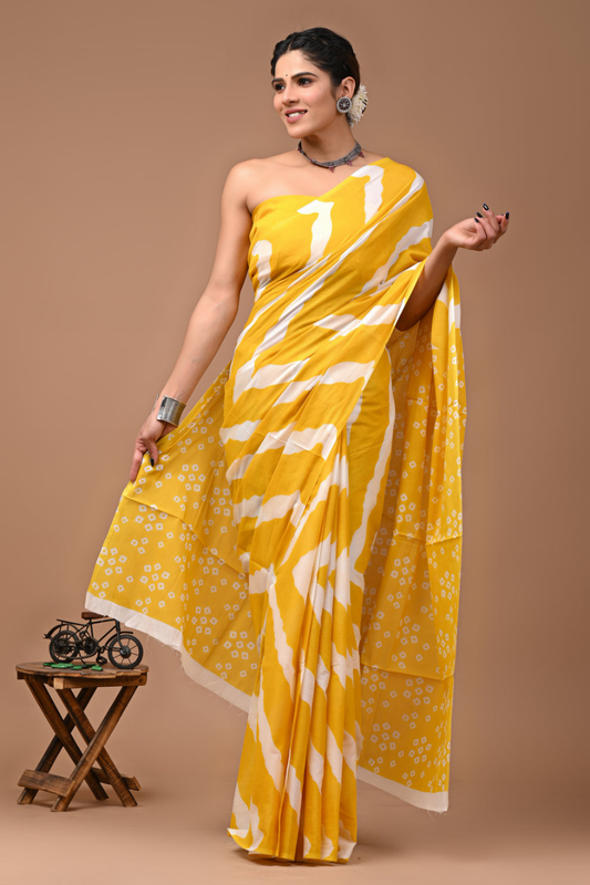 Turmeric Yellow  Printed Cotton Mulmul Saree | White Line Pattern | Soft Lightweight Ethnic Wear