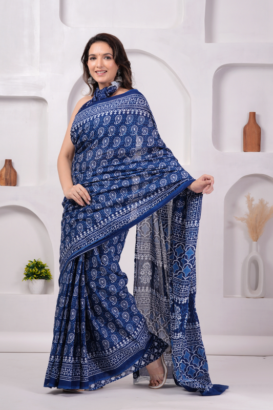 Blue Hand Block Printed Cotton Mulmul Saree | White Print | Soft Lightweight Ethnic Wear